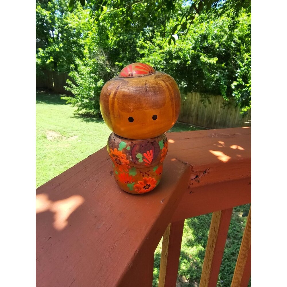 Vintage Handcrafted Wooden Kokeshi Doll With Floral Details‎ & Red Hat